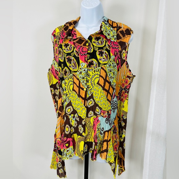 Sleeveless Multicolor Print Abstract Print Crinkle Pleated Button Down Top Sz XL - Picture 3 of 4